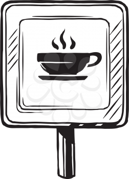 Highway kiosk or restaurant sign showing a steaming cup of hot coffee, hand-drawn vector illustration