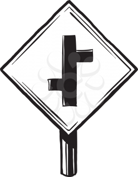 Intersected roads traffic sign showing incoming minor roads on both the right and left of the thoroughfare, hand-drawn vector illustration