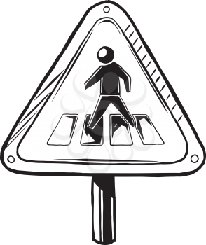 Pedestrian crossing road traffic sign showing a person on a zebra crossing warning motorists to give way to pedestrians, hand-drawn black and white vector illustration