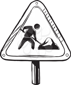 Roadworks traffic warning sign showing a workman shovelling earth, hand-drawn black and white vector illustration
