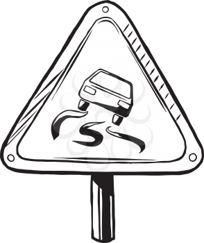Slippery when wet road traffic caution sign showing a car with skid marks loosing traction on the wet surface, hand-drawn black and white vector illustration