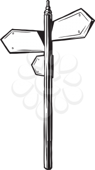 Street signpost with blank directional arrows pointing in different directions, black and white hand-drawn vector illustration