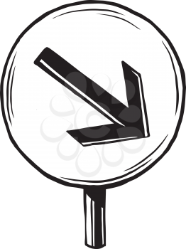 This Way road traffic sign with a downward pointing arrow to the right instructing drivers to keep right around an obstacle, hand-drawn black and white vector illustration