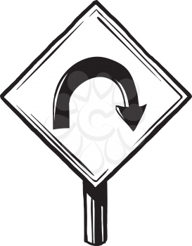 U traffic sign warning motorists that the road curves back on itself, black and white hand-drawn vector illustration