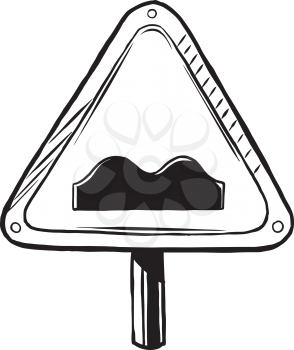 Uneven road surface traffic sign showing bumps in the road warning motorists to slow down and drive with caution, hand-drawn black and white vector illustration