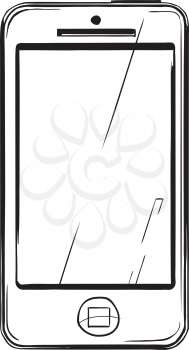 Modern smartphone pictured at frontside with a blank screen, black and white hand-drawn vector illustration