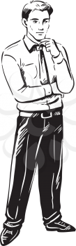 Businessman standing thinking with his hand to his chin, black and white hand-drawn doodle illustration