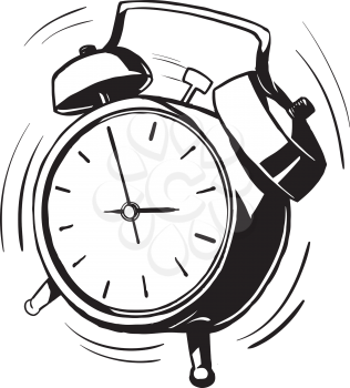 Black and white sketch of a bouncing retro alarm clock with ringing bells at an angled perspective with motion lines