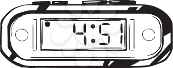 Black and white illustration of a digital clock with buttons, displaying the hour and the minutes, isolated on white background