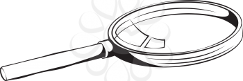 Round handheld magnifying glass for magnifying and enlarging an object lying diagnally with the handle to the foreground, black and white hand-drawn doodle illustration