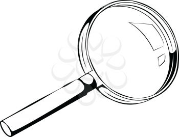 Black and white side view illustration of a magnifying glass, with copy space, isolated on white background