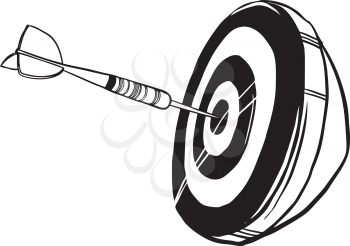 Side view perspective of a dart bard or target with a dart dead centre scoring a Bulls eye, black and white hand-drawn doodle illustration