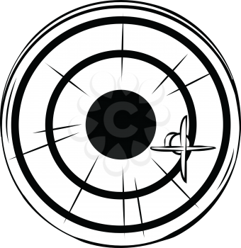 Dart board or target with a dart penetrating it off centre in an outer ring, black and white hand-drawn doodle illustration