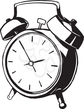 Classic retro alarm clock with bells with slight angle perspective, black and white hand-drawn doodle illustration