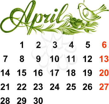 Calendar, April 2014, hand drawn, in Ukrainian folk style