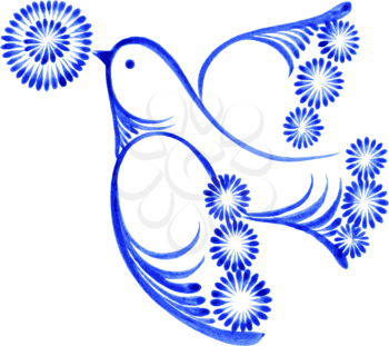 flying bird with flower, hand drawn, illustration in Ukrainian folk style