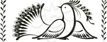 bird, decorative ornament, hand drawn, vector, black illustration in Ukrainian folk style