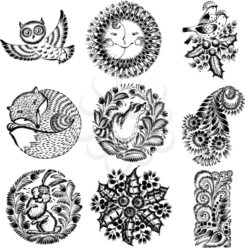 set of hand drawn illustrations in Ukrainian national style