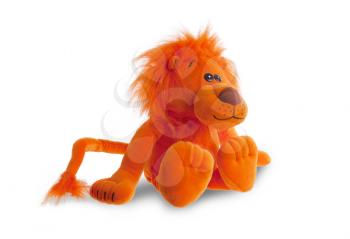 Stuffed animal lion sitting, isolated on a white background