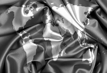 Satin flag, three dimensional render, flag with a world map
