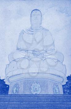 Grungy technical drawing or blueprint illustration on blue background, buddha