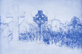 Grungy technical drawing or blueprint illustration on blue background, celtic cross on a graveyard