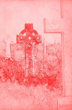 Grungy technical drawing or blueprint illustration on red background, celtic cross on a graveyard