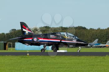 LEEUWARDEN,FRIESLAND,HOLLAND-SEPTEMBER 17: A RAF Hawker Hawk from the Hawk Solo Display at the at the Airshow on September 17, 2011 at Leeuwarden Airfield,Friesland,Holland