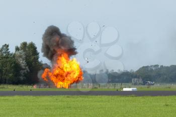 An explosion with flying debris