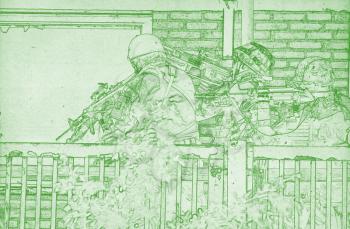 Grungy technical drawing or blueprint illustration on green background, soldiers in action
