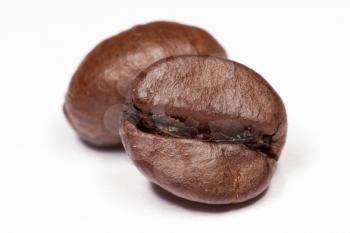 Two coffee beans on a white background