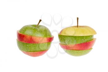 A sliced green and red apple isolated on a white background