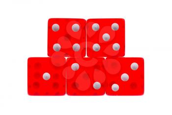 Five transperant  red dice on a white background