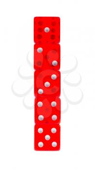 Five transparent  red dice on a white background