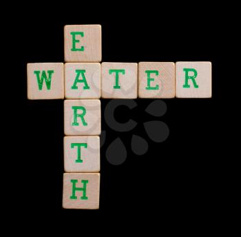 Green letters on old wooden blocks (earth, water)