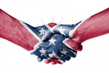 Man and woman shaking hands, isolated on white, Confederate Flag