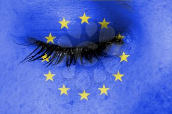 Crying woman, pain and grief concept, flag of European Union