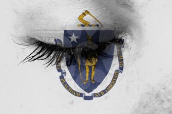 Crying woman, pain and grief concept, flag of Massachusetts