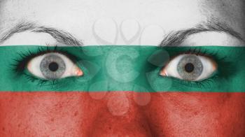 Close up of eyes. Painted face with flag of Bulgaria