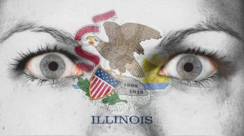Close up of eyes. Painted face with flag of Illinois