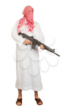 Arab adult with a machine gun, terrorist, isolated on white