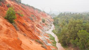 Ham Tien canyon in Vietnam, small stream carving through the sand, covert in fog