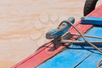 Mooring rope on a small fishing boat in Vietnam, Mekong Delta