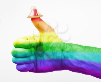 Thumbs up, condom on thumb, rainbow flag