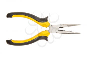 Used yellow tool pliers isolated on white background, rust and dust