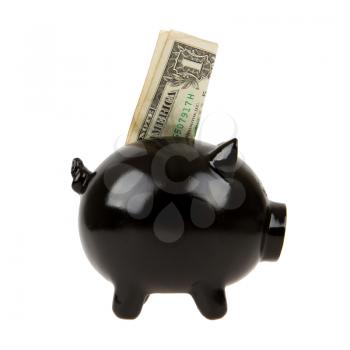 Black piggy bank with one dollar on white background