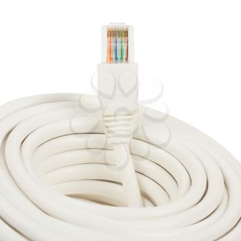 Close-up of a white RJ45 network plug on white background
