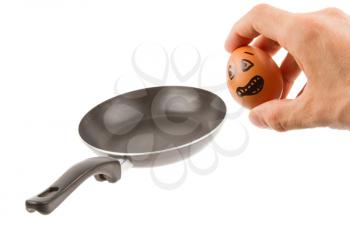 Scared egg, waiting to be fried in a pan, isolated