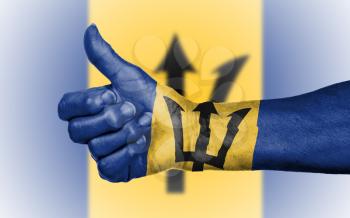 Old woman giving the thumbs up sign, isolated, flag of Barbados