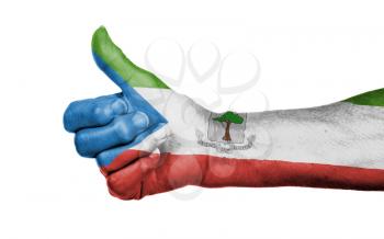 Old woman giving the thumbs up sign, isolated, flag of Equatorial Guinea
